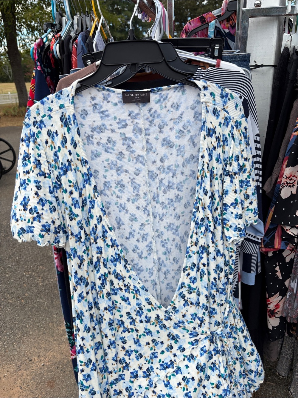 Lane Bryant White Floral Blue Wrap Blouse